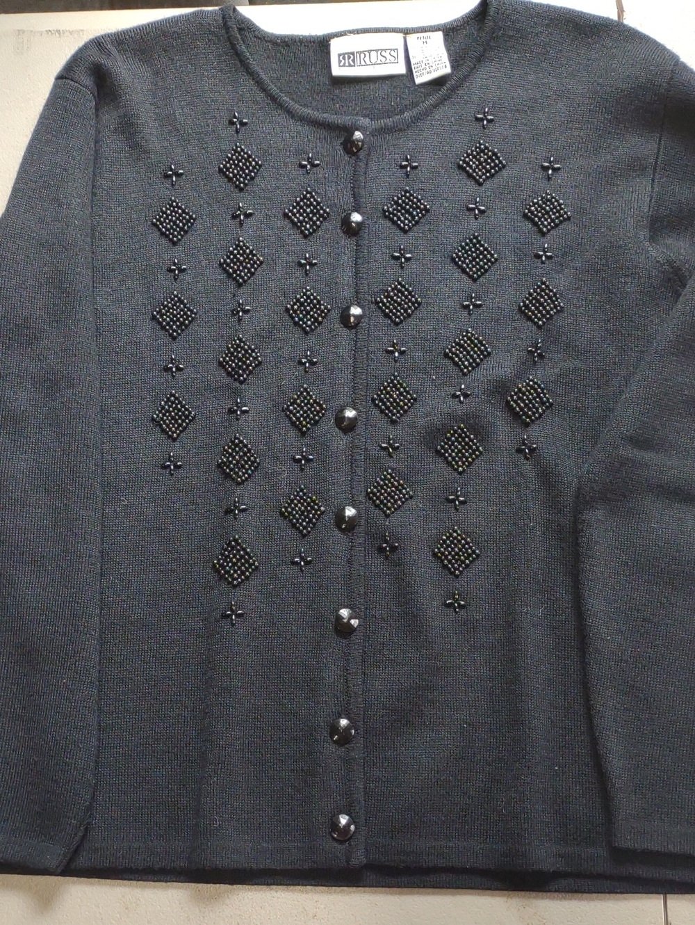 RUSS  PETITES VINTAGE BLACK BEADED CARDIGAN, 8 BUTTON FRONT,  ELEGANT, SIZE MED
